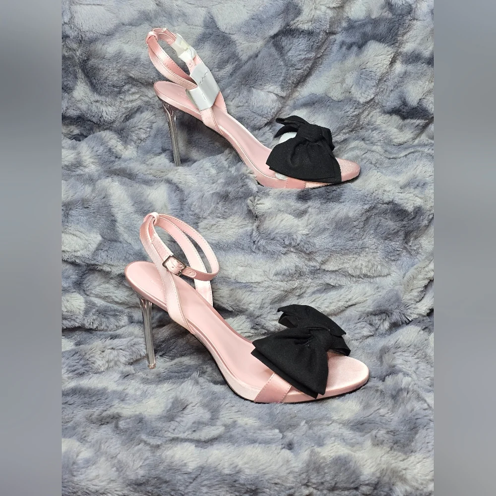 NWB AAJ By Aminah Women's Yahira Lucite Heel Bow Dress Sandals Pink/black Size 9